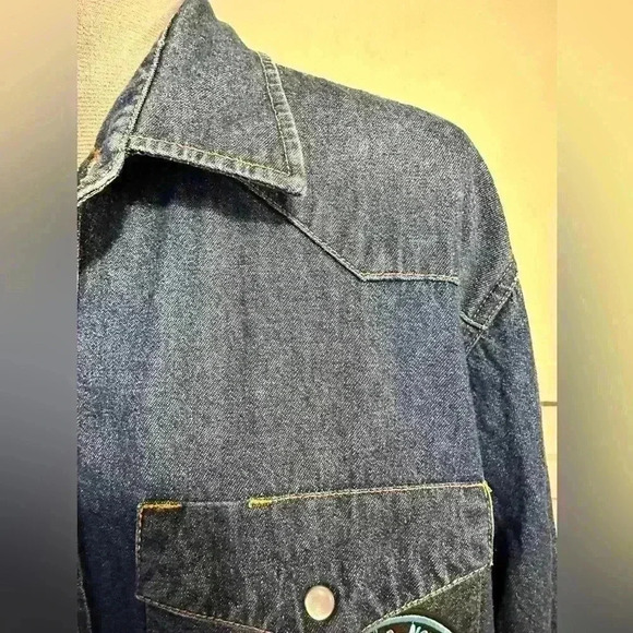 Cowboy Work Wear Denim Pearl Snap Shirt Men Size XXL Blue Long Sleeve PATCHES - Picture 3 of 8